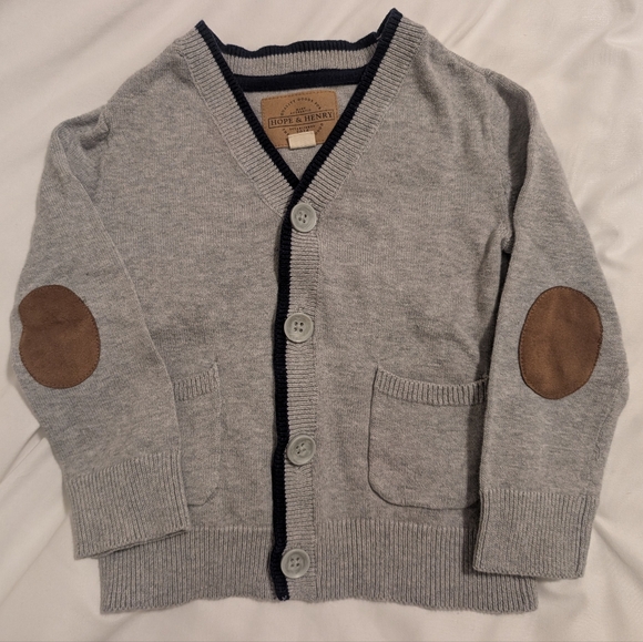 Hope & Henry Heather Gray Navy Tipped Cardigan Brown Elbow Patches Size 18-24M - Picture 1 of 4
